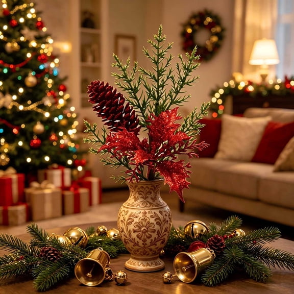 Christmas Decorations, 12 Inch Artificial Greenery Christmas with Red Pine Cone and Glitter Red Foliage, Christmas Decorations for Home, Christmas Table Decor, Table Centerpiece