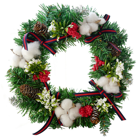 Christmas Decorations 15.7 Inch Christmas Wreath With Cotton And Ribbon Artificial Pine Greenery Winter Wreath For Wall Window Porch Door Indoor Outdoor Decor(Green-40X40Cm)