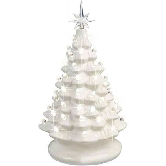 Christmas Decorations 15in Ceramic Christmas Tree, Pre-lit Hand-Painted Tabletop Holiday Tree, Christmas Atmosphere Desktop Decoration Gift, 64 Lights - Red and White Bulbs(White)