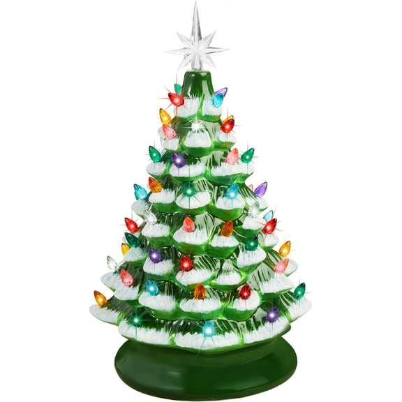Christmas Decorations 15in Ceramic Christmas Tree, Pre-lit Hand-Painted Tabletop Holiday Tree, Christmas Atmosphere Desktop Decoration Gift, 64 Lights -  Red and White Bulbs(Dark Green)