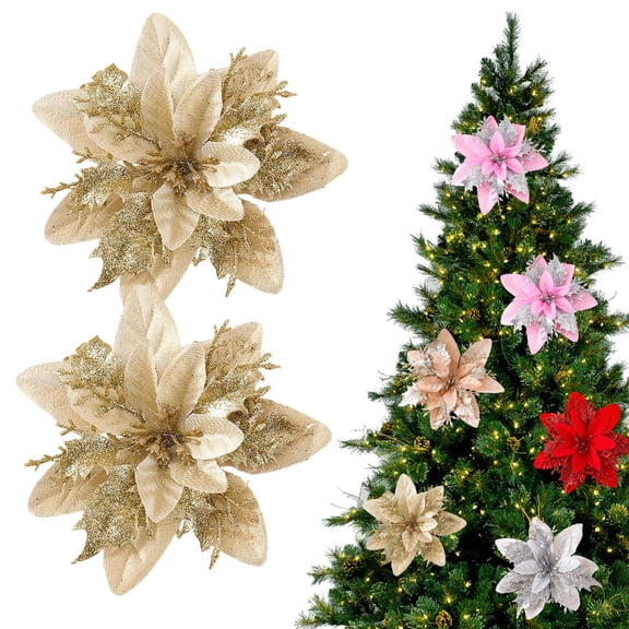 Christmas Decorations 2 Pack Glitter 3 Layer Artificial Flower Ornaments 5.5 Inch Sparkling Floral Picks for Christmas Tree Wreath Garland Holiday Home Decor
