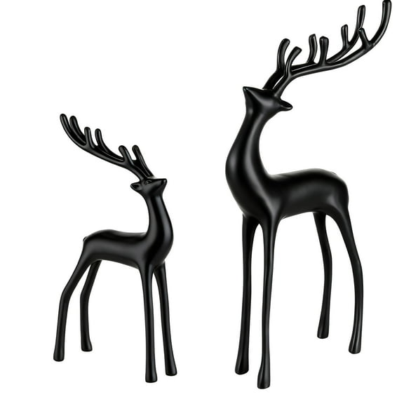 Christmas Decorations 2025 - Set of 2 Black Reindeer Statues - Modern Xmas Figurines - Elegant Indoor Holiday Decor - Table Centerpieces - Ideal for Mantel Living Room Bedroom Office (M+S)