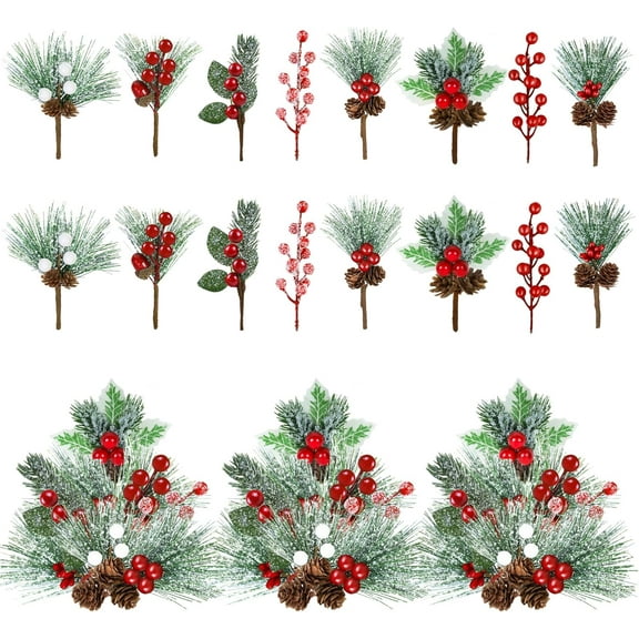 Christmas Decorations - 24 Packs Snow Artificial Christmas Picks Red Berry Stems Sprays Faux Cedar Holly Pine Needles Branches Christmas Tree Picks for Xmas Winter Holiday DIY Crafts Wreath Tree