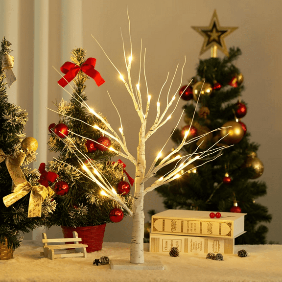 Christmas Decorations 2ft Birch Tree Light with Warm White LEDs Battery Powered Timer Artificial Tabletop Tree Light Desk Table Easter Xmas Decoration