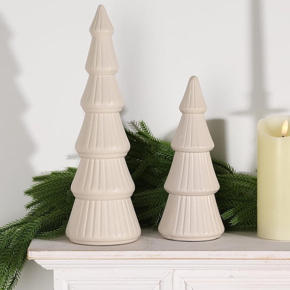 Christmas Decorations-2pcs Wooden Christmas Tree Figurine-Vintage Cone Indoor Xmas Decoration Centerpieces for Table Shelf Mantel and Living Room Home Decor(White)