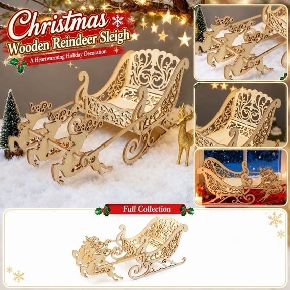 Christmas Decorations 3D Wood Reindeer Sleigh Tabletop Decor Rustic Farmhouse Christmas Decor for Home Seasonal Holiday Display 12 X 11 X 4.5 Inch
