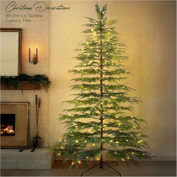 Christmas Decorations - 4.5 Ft Pre-Lit Twinkle Christmas Cypress Tree - Artificial Christmas Trees with 350 LED Lights - Xmas Holiday Decor for Indoor Home Party Living Room Office Decoration