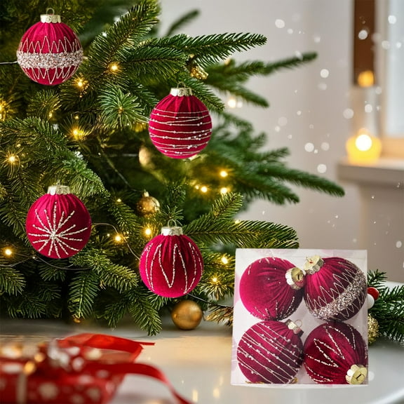 Christmas Decorations 4PCS 3.15inch Christmas Balls Christmas Velvet Glitter Balls Ornaments Wine Red Shatterproof Flocked Christmas Tree Hanging Balls Ornaments for Xmas Tree Holiday Party