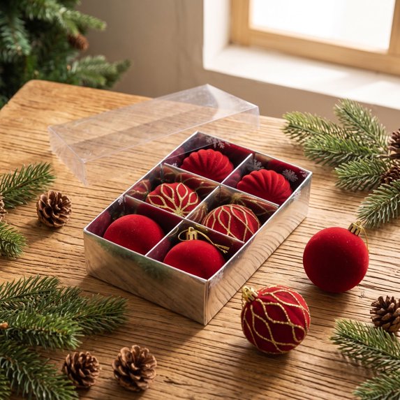 Christmas Decorations 6 PCS Flocked Christmas Balls Ornaments Set Multiple Styles Of Christmas Tree Decorations