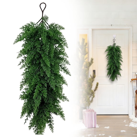 Christmas Decorations, Artificial Cedar Teardrop, Unadorned Hanging Garland, Lifelike Greenery Swag, Winter Decor for Front Door, Rattan
