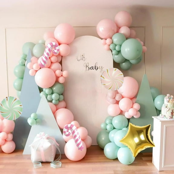 Christmas Decorations Balloons Arch Kit, Pastel Pink Green White Gold Balloons with Star Candy Cane Foil Balloon for Christmas Xmas Gingerbread Nutcracker Baby Shower Birthday Party Supplies