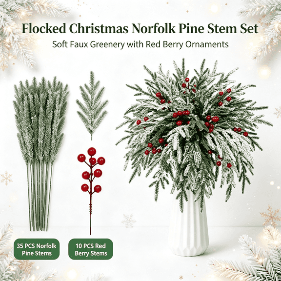 Christmas Decorations Berry Stems, 45PCS Faux Xmas Sprigs, Artificial Pine Branches with Red Berry Stems for Christmas Table Decor & DIY Wreath Crafts