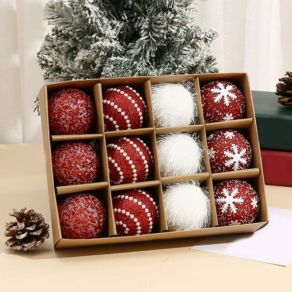 Christmas Decorations Christmas Ball Ornaments 12 Piece 2.76inch Red/Green/White/Pink Flocked Christmas Balls Shatterproof Assorted Hanging Tree Ball Decorations for Home Party Holiday Decor