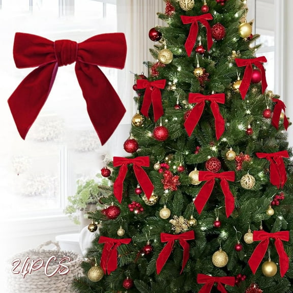 Christmas Decorations - Christmas Bows - 12Pcs 4.5 inch Red Velvet Bows for Christmas Tree - Burgundy Xmas Ribbon Ornaments - Home Decor for Wreath Garland Gift Wrapping Crafts Wedding Party