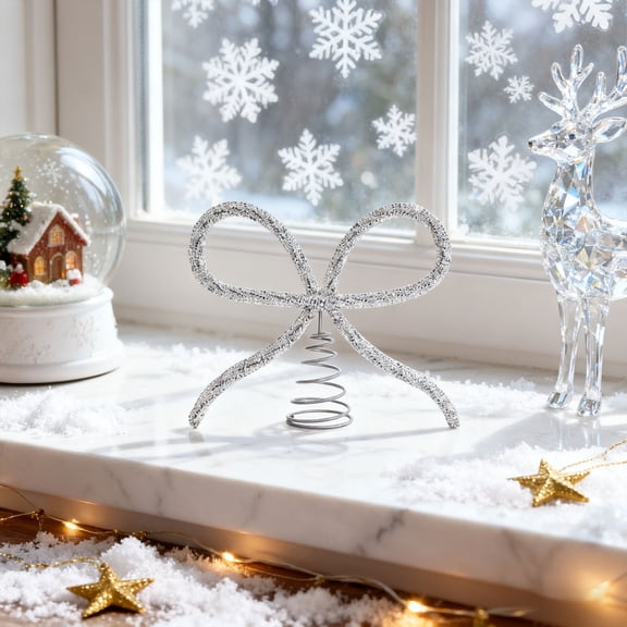 Christmas Decorations - Christmas Decor - Silver Metal Rhinestone Bow Tree Topper - Xmas Holiday Tree Top Decoration for Indoor Outdoor Home Room Party(8 inch)