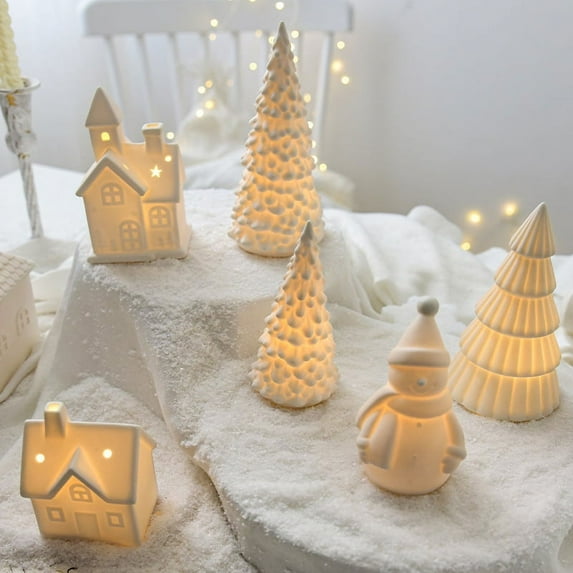 Christmas Decorations - Christmas Decorations Christmas tree Indoor - Christmas Village Lighted Ceramic Houses - White Xmas Holiday Farmhouse Rustic Decor for Home Table Room