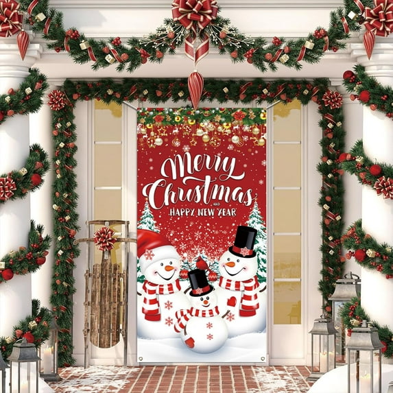 Christmas Decorations Christmas Door Cover for Front Door Christmas Door Banner Ice Silk Fabric Xmas Ball Backdrop Hanging Wall Decoration for Indoor Home Christmas Party Decor