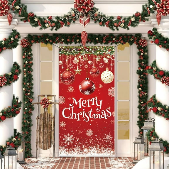 Christmas Decorations Christmas Door Cover for Front Door Christmas Door Banner Ice Silk Fabric Xmas Ball Backdrop Hanging Wall Decoration for Indoor Home Christmas Party Decor