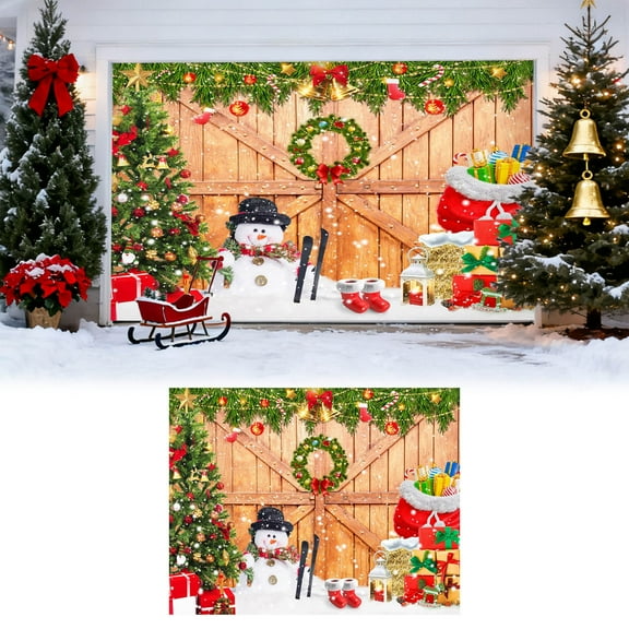 Christmas Decorations Christmas Garage Door Cover 7 X 9 Ft Wood Texture Board Door Cover Large Xmas Tree Snowman Yard Sign for Winter Indoor Outdoor Home Party D Ecor, Christmas Decor