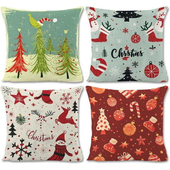 Christmas Decorations Christmas Throw Pillow Covers 18 x 18 Inches Set of 4 - Xmas Series Cushion Pillow Cover Custom Zippered Square for Farmhouse Home and Sofa Christmas Decorations