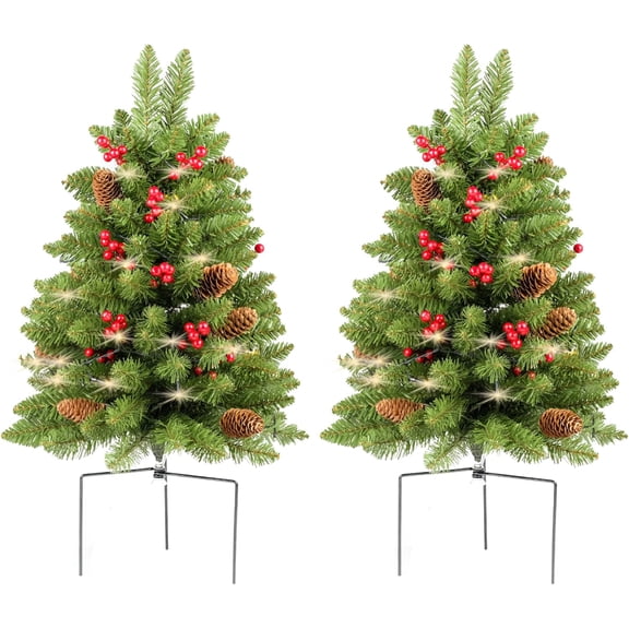 Christmas Decorations Christmas Tree 2PCS 30" Pathway Porch Christmas Trees Outdoor Xmas Decor for Entrance Driveway, Yard, Garden, Red Berries, Pine Cones, No light