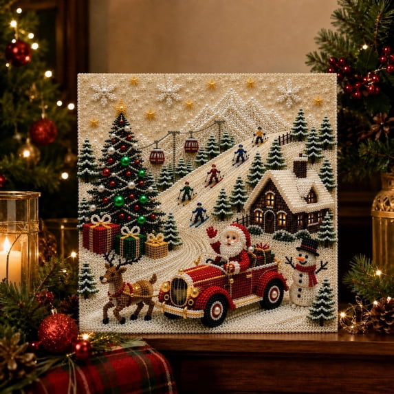 Canvas Wall Art, Christmas Wall Decor, Indoor Christmas Decorations, Christmas Home Decor, 12X12 Inch 3D Pearl Effect Santa Winter Village Christmas Wall Hanging, Single Piece
