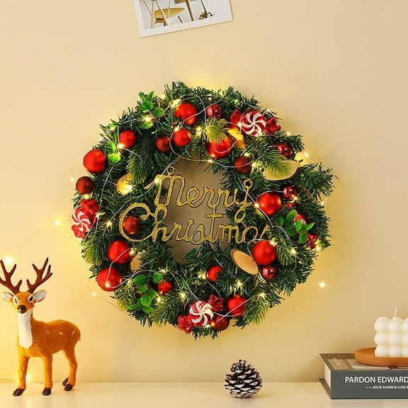 Christmas Decorations Clearance! Christmas Wreath Artificial Christmas Wreath Winter Wreath Christmas Sign Door Wreaths with Red Ornaments Needle and Green Leaves for Home Wall Window Indoor Outdoor