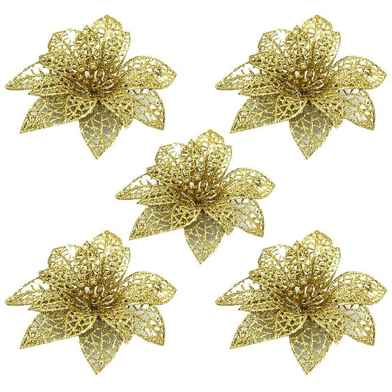 Christmas Decorations Clearance! Christms Tree Decorations, 5.5'' Artificial Flowers with Clips Christmas Xmas Tree Ornaments for Home Wedding Party Indoor Outdoor Wreath Decor 5PC Gold