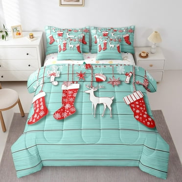 Christmas Decorations Comforter Set 7 Piece Bed in a Bag Twin,Christmas Ornaments Bedding Sets Red Elk Deer Christmas Stocking Sheet Set with Comforter,Cyan Rustic Plank Bed Set