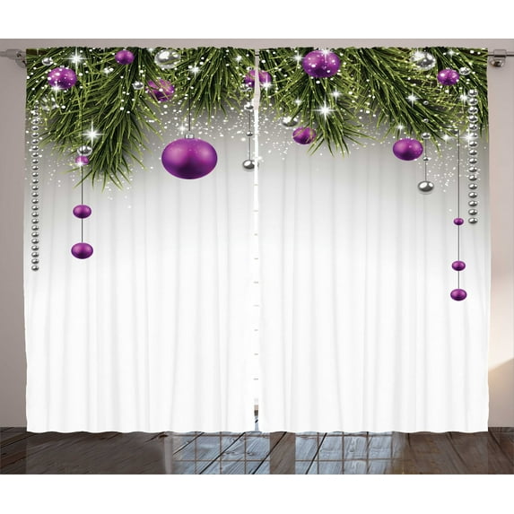 Christmas Decorations Curtains 2 Panels Set, Christmas Tree Decorations Tinsel and Balls with Gift Wrap Ribbon Picture, Living Room Bedroom, Purple Grey Green, by Ambesonne