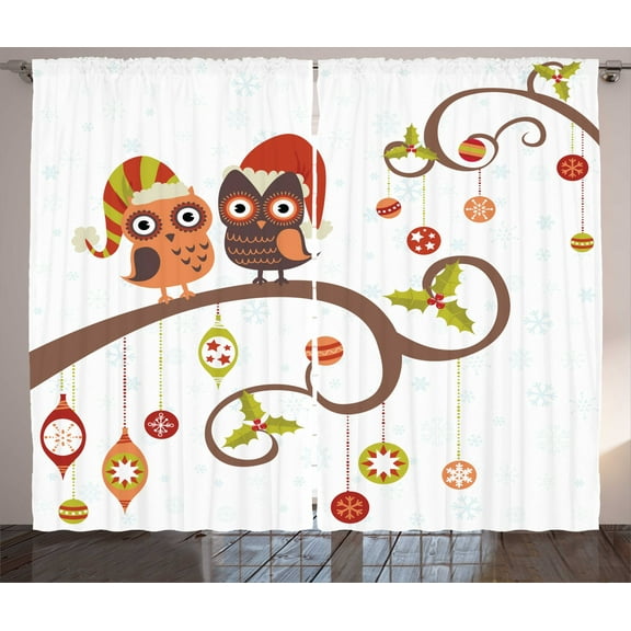 Ambesonne Christmas Curtains 2 Panel Set, Noel Owls Folkloric, 108" x 84", Multicolor