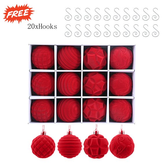 Christmas Decorations Deals! 12 Pcs Velvet Christmas Balls, Bulk Flocked Plastic Ornaments, Shatterproof Xmas Tree Decorations, Decorative Hanging Balls for Christmas Tree Decoration