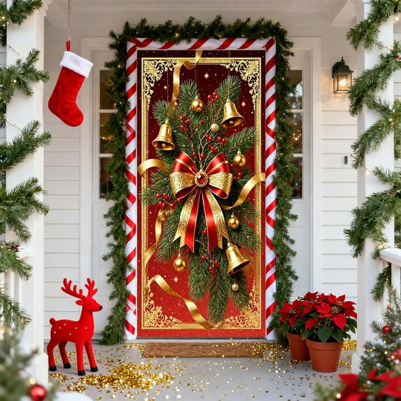 Christmas Decorations Door Cover Flag Exquisite Christmas Ball Snowflake Bow Bells Background Doorway Decor For Best Christmas Decor Home