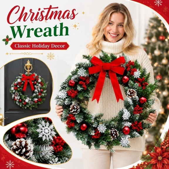 Christmas Decorations, Door Wreath, Christmas Decor, Door Decor, 16 Inch Snow-Dusted Pine Christmas Wreath with Red Bow, Shiny Ornaments and Berries for Indoor and Outdoor Holiday