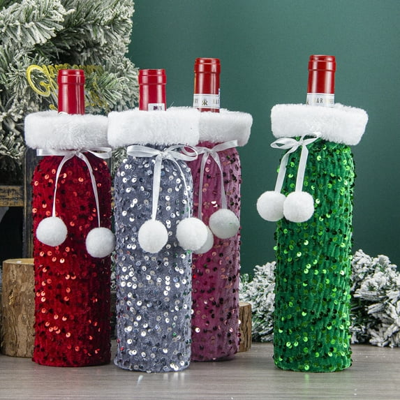 Christmas Decorations European American Sequined Wine Bottle Bags Plush Wine Cases Gift Bags Hotel Table Decor, Red Color