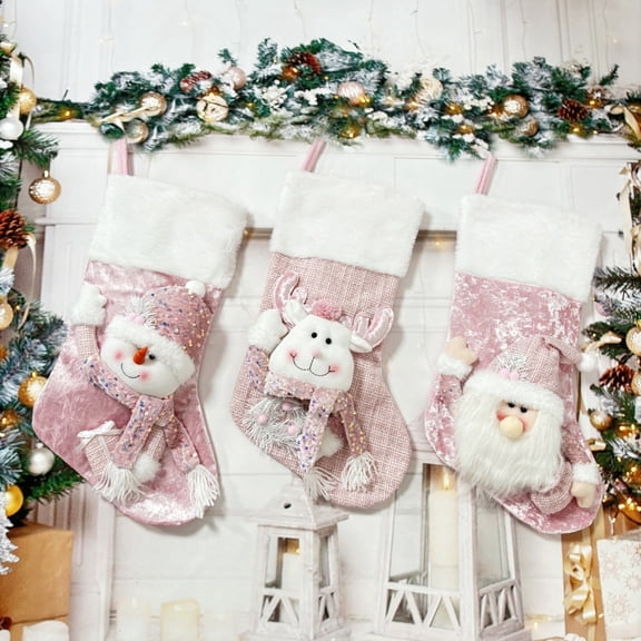 Christmas Decorations Family Stockings for Christmas 10.24 Inches Adorable Pink Christmas Stocking with Cute Design Soft Plush Material Perfect for Holiday Decor(Deer)