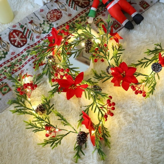 Christmas Decorations Garland Artificial Xmas Flocked Garlands Lighted Poinsettia Spruce With Lights Garden Home Winter New Year Decor Geen Red