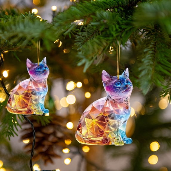 Christmas Decorations Glitter Animal Hanging Ornament, 12 Pack 3.15 Inch Colorful Cats 2D Acrylic Lightweight Shatter-Proof Car Christmas Tree Keychain Pendant