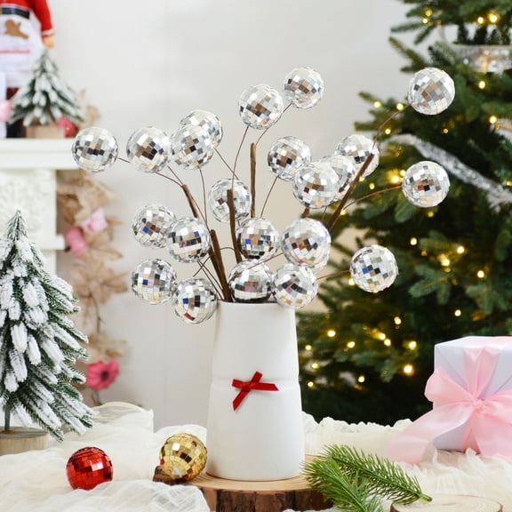 Christmas Decorations Glitter Ball Picks Glitter Berries Stems.Mirror Disco Balls Decorative Sticks,15.75" Glitter Stems for Vases,Tall DIY Ornaments for Party,Wedding,Holiday Decor