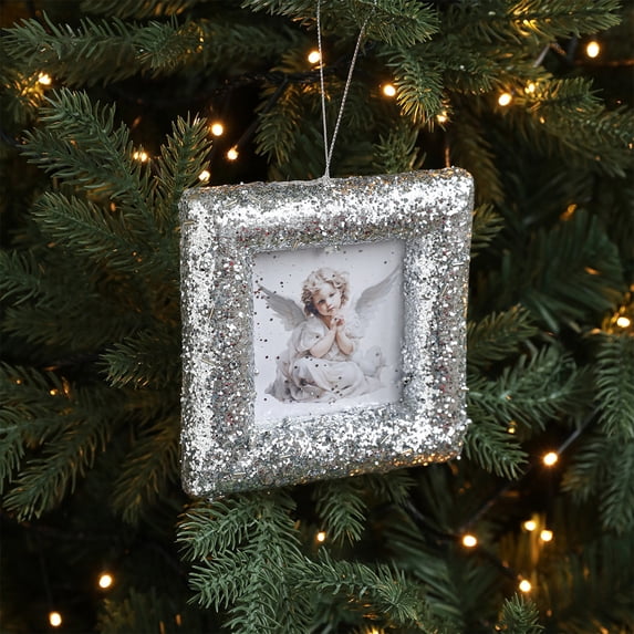 Christmas Decorations, Glitter Photo Frame Ornament Round Foam Hanging Christmas Tree Ornament with Picture Holder for Holiday Home Decor Party Display Photo Props