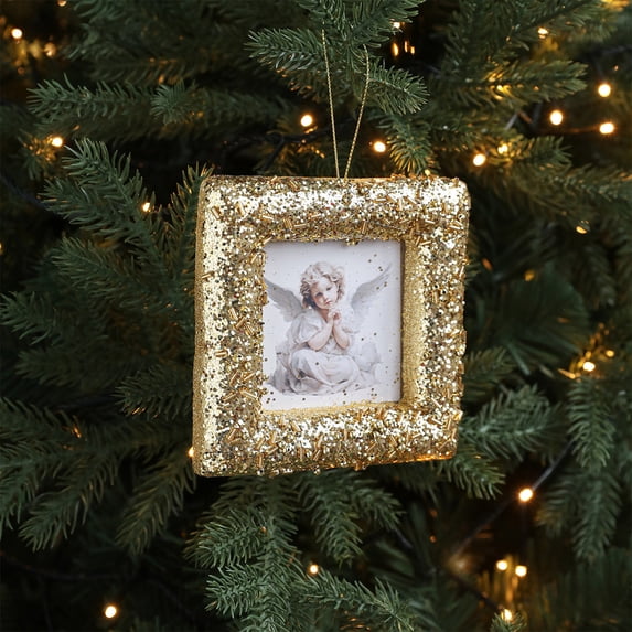 Christmas Decorations, Glitter Photo Frame Ornament Round Foam Hanging Christmas Tree Ornament with Picture Holder for Holiday Home Decor Party Display Photo Props