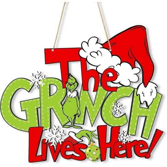 Christmas Decorations Grinch Hanging Sign, Wooden Door Sign for Holiday Xmas Wall Tree Decor