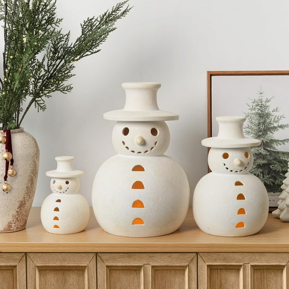 Christmas Decorations - Handmade Terracotta Snowman Figurines - 1 Pack White Clay Winter Decor Holiday Rustic Unique Decor for Home Table Room Farmhouse Indoor Outdoor,M,11.5"