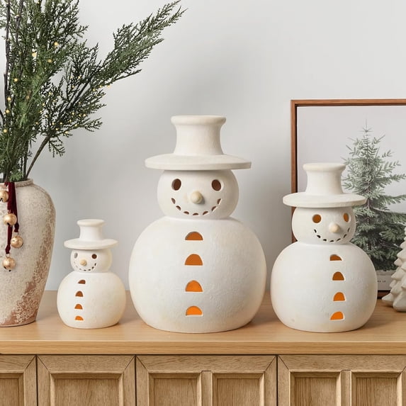Christmas Decorations - Handmade Terracotta Snowman Figurines - 1 Pack White Clay Winter Decor Holiday Rustic Unique Decor for Home Table Room Farmhouse Indoor Outdoor - ONLY One