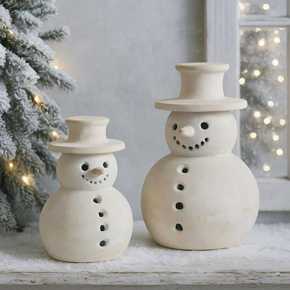 Christmas Decorations - Handmade Terracotta Snowman Figurines - 1 Pack White Clay Winter Decor Holiday Rustic Unique Decor for Home Table Room Farmhouse Indoor Outdoor - 11.5Inches