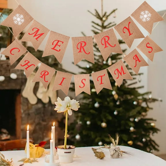 Christmas Decorations, Holiday Banners, Merry Christmas Pull Flags Bunting, Green Red and White Linen Hanging Decor for Parties and Home