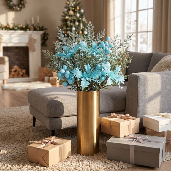 Christmas Decorations for Home, 12X6 Inch Blue Glittered Berry Pine Sprig, Indoor Christmas Decorations, Artificial Bouquet Decorative Pick, for Table Centerpiece, Christmas Tree