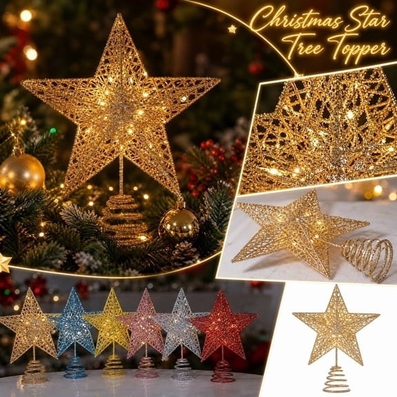Christmas Decorations for Home, Christmas Tree Topper, Lighted Blue Glitter Metal 3D Five-Pointed Star Tree Top Ornament, 8X6 Inch Festive Sky Blue Star Decor with Built-In