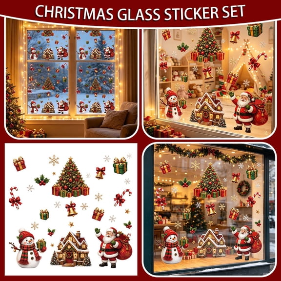 Christmas Decorations for Home, Holiday Window Clings, Window Clings for Glass Windows, Christmas Wall Decor, 4-Sheet 12X8 Inch Christmas Glass Sticker Set with Snowflake, Gift