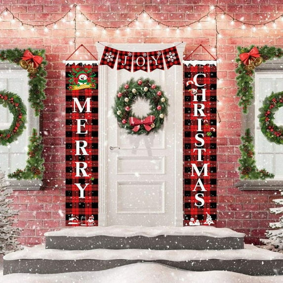 Christmas Decorations For Home - Modern Farmhouse Decor - MERRY CHRISTMAS HAPPY NEW YEAR Red Buffalo Check Plaid Porch Signs - Xmas Banners For Indoor Outdoor Front Door Living Room Kitchen Wall Party